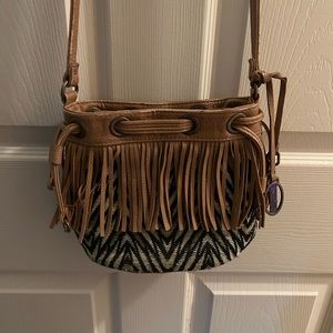 Brown Tassel Crossbody Purse With Pattern Fabric EUC
